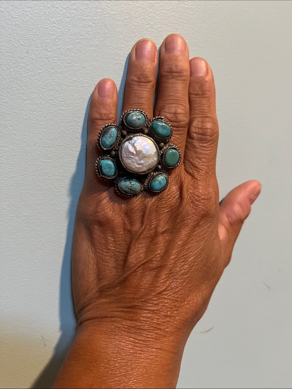 Beautiful big Turquoise with pearl ring